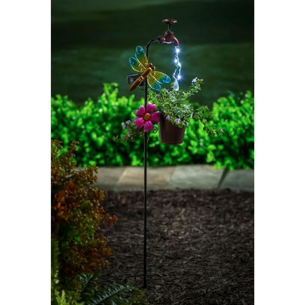 36.25"H Twinkling Light Solar Garden Stake, Dragonfly, Faucet Shaped